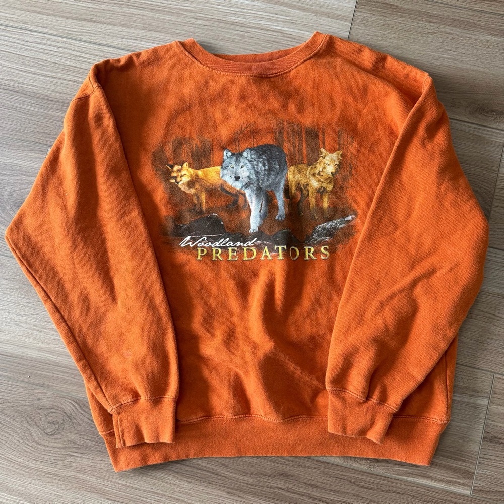 Vintage Woodland Predators Wolves Orange Hunting Crewneck Sweatshirt